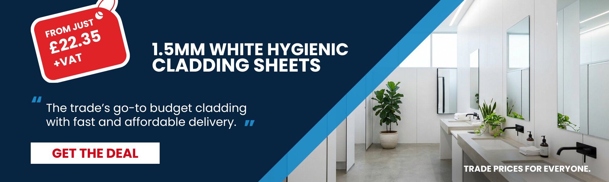 Modern bathroom with 1.5mm White Hygienic PVC Cladding. Budget-friendly wall panels with fast delivery and trade prices.