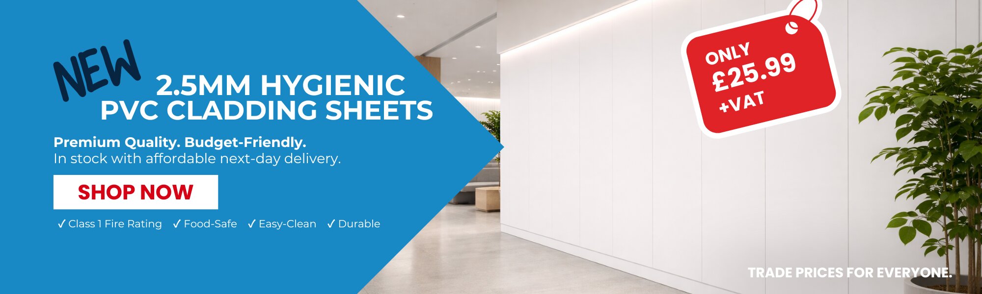 Modern corridor with 2.5mm Hygienic PVC Cladding. Food-safe, Class 1 fire-rated wall panels for £25.99 with next-day delivery.