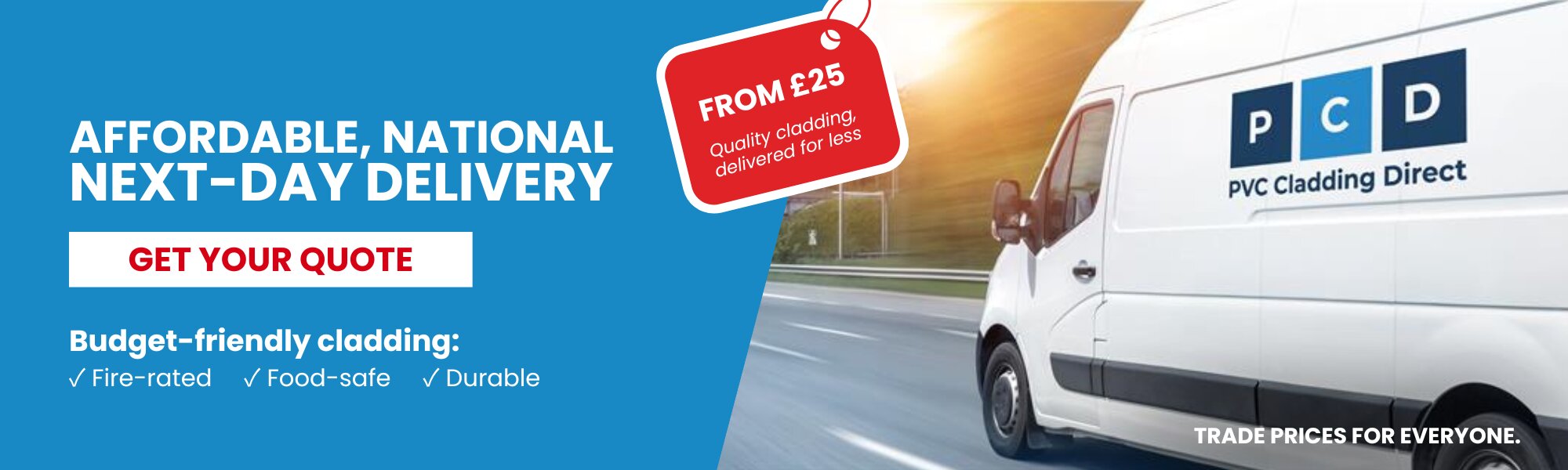 PVC Cladding Direct delivery van and banner highlighting national next-day delivery and budget fire-rated cladding.